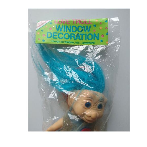 Love Troll Vintage Vinyl Doll Blue Hair Red Heart 1970s Sealed In Bag Window - Picture 1 of 8